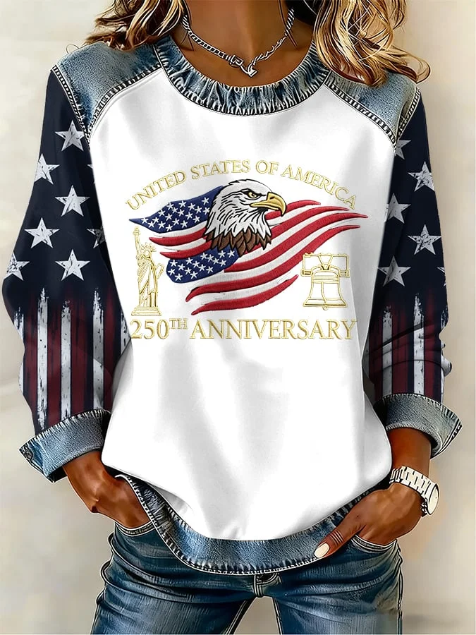 Women's American Independence Day Print Patchwork Denim Crewneck Long-Sleeved Sweatshirt