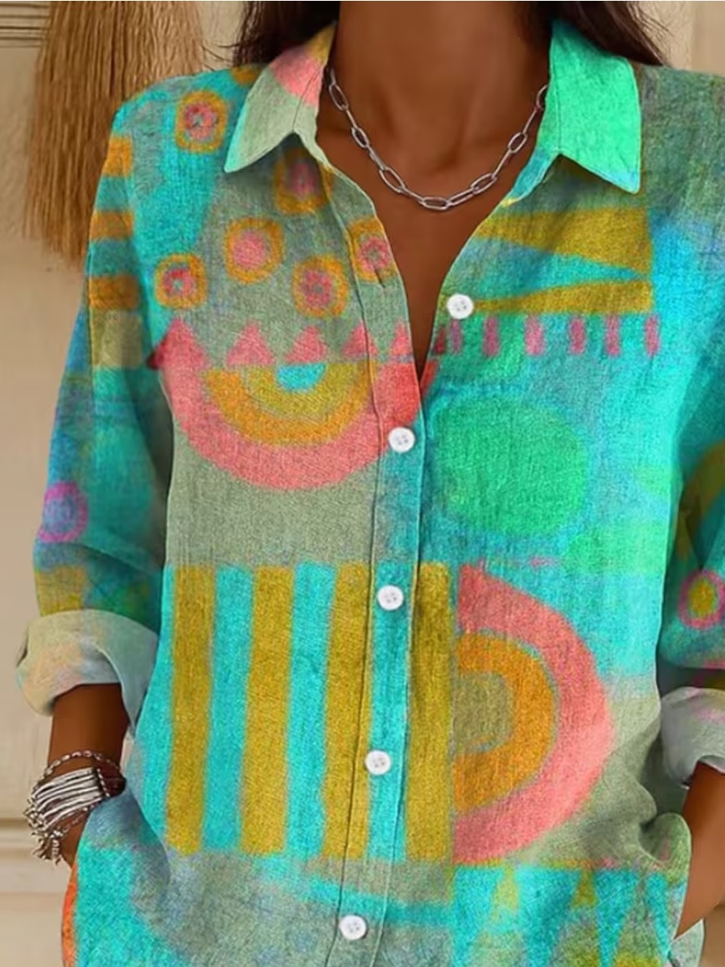 Women's Long Sleeve Shirt Spring/Fall Green Abstract Buckle Shirt Collar Regular Sleeve Daily Going Out Casual Top