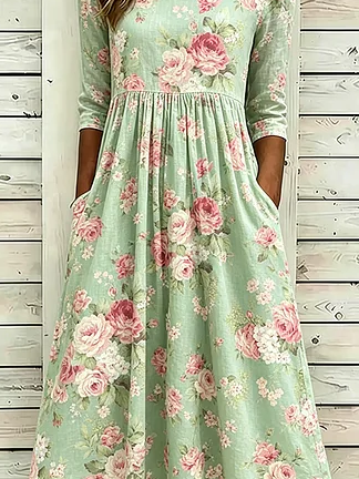 Cotton-Blend Loose Floral Elegant Dress With No