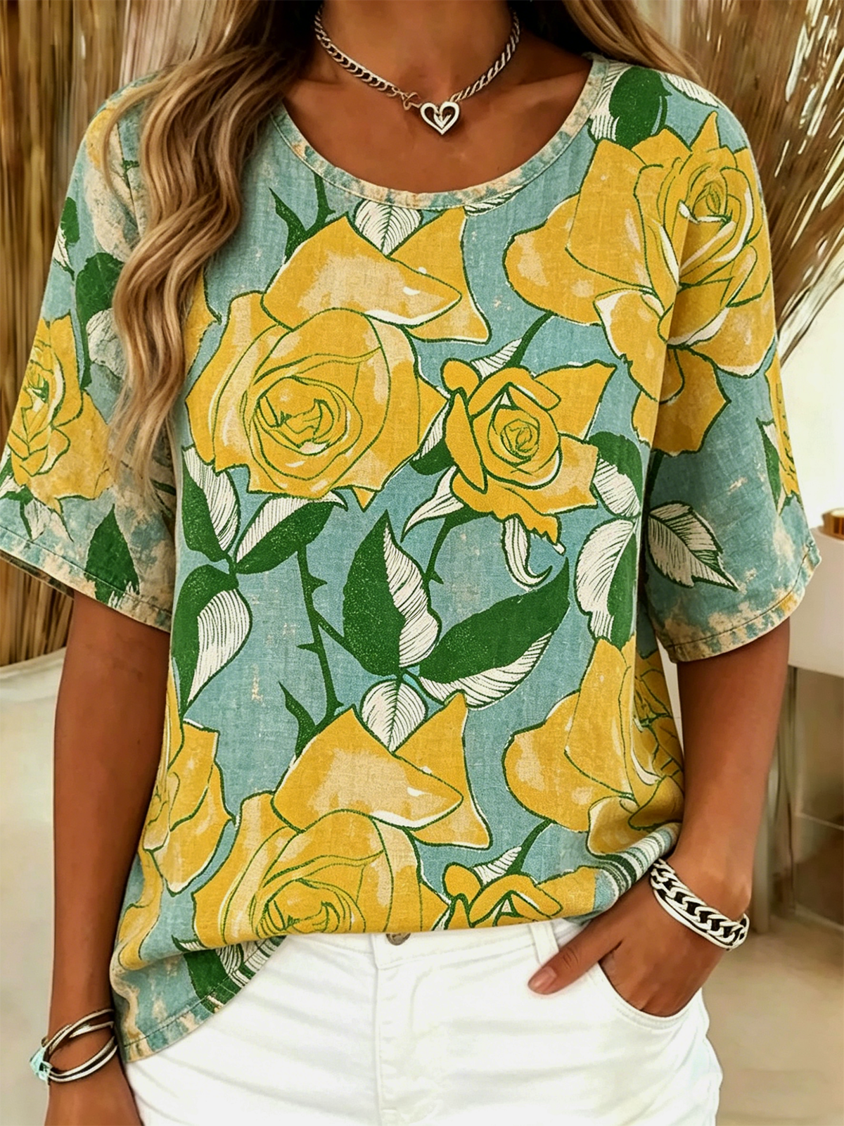Casual Cotton-Blend Floral T-Shirt