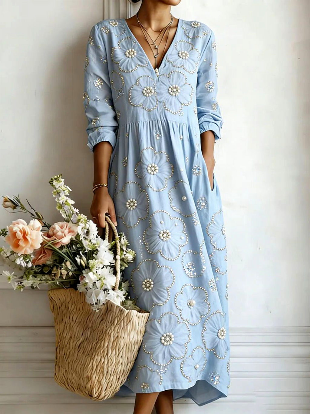 Vintage Loose V Neck 3D Printing Dress With No