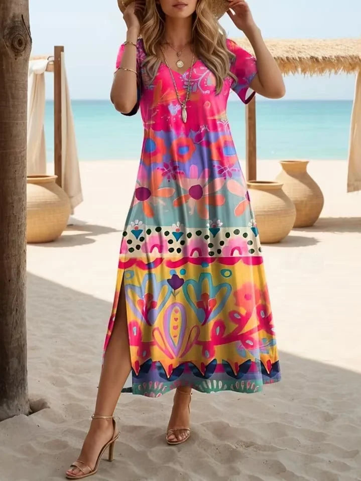 Women's Short Sleeve Summer Pink Floral Printing V Neck Daily Going Out Casual Maxi X-Line Dress