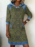 Women's Flowers Print Patchwork Denim Casual Dress