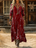 Women's Long Sleeve Spring/Fall Red Abstract Printing V Neck Daily Going Out Vintage Maxi H-Line Dress