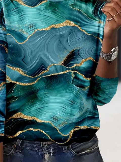 Women's Long Sleeve T-shirt Spring/Fall Blue Abstract Printing Jersey Crew Neck Daily Going Out Casual Top