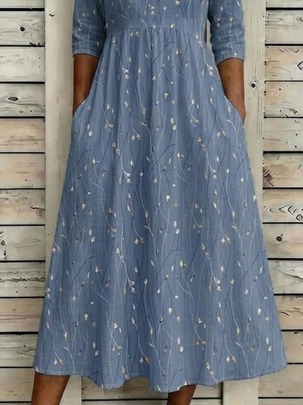 Women's Half Sleeve Summer Blue Floral Printing Crew Neck Daily Going Out Casual Maxi H-Line Dress