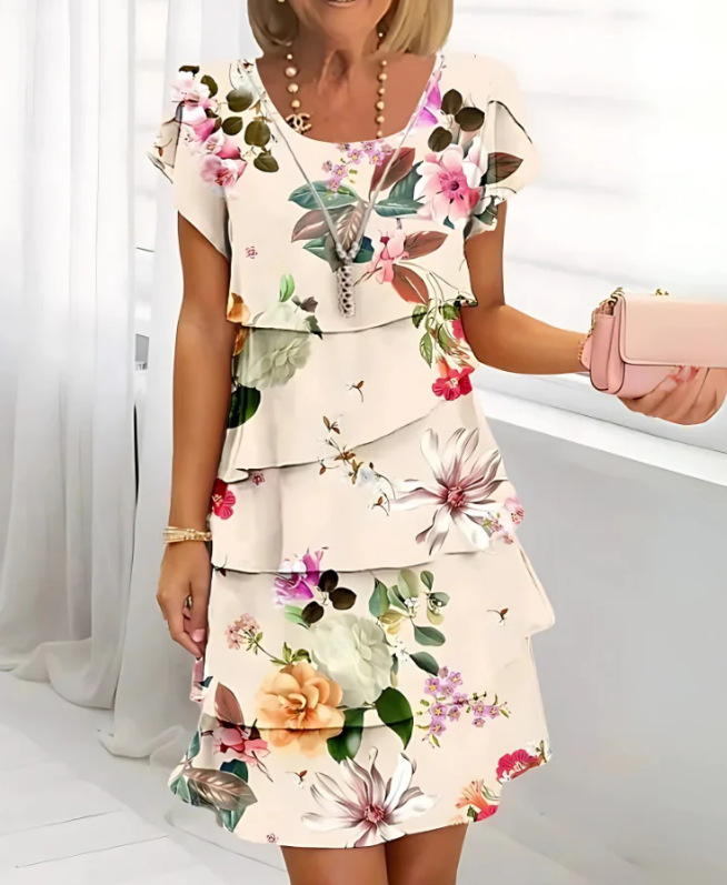 Floral Print Casual Crew Neck Short Sleeve Spring/Summer Chiffon Dress