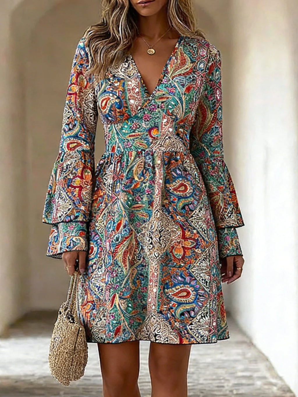 Geometric Vintage Loose Dress With No