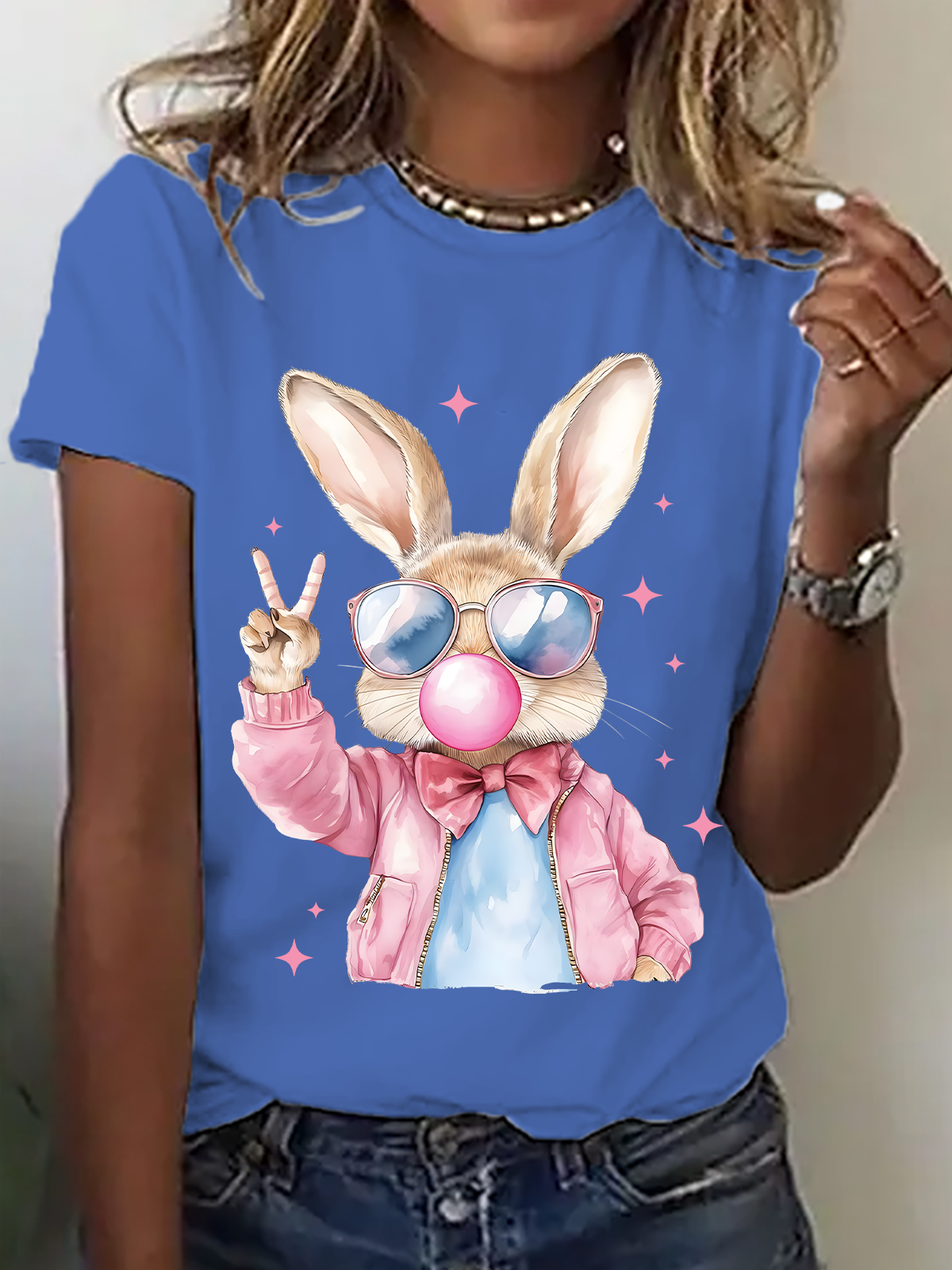 Retro Easter Bunny Blowing Bubble Cotton T-Shirt