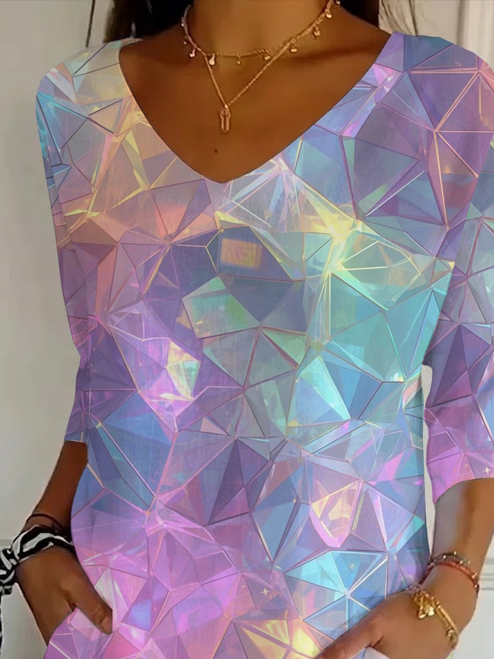 Women's Three Quarter Sleeve T-shirt Spring/Fall As Picture Abstract Printing V Neck Daily Going Out Casual Top