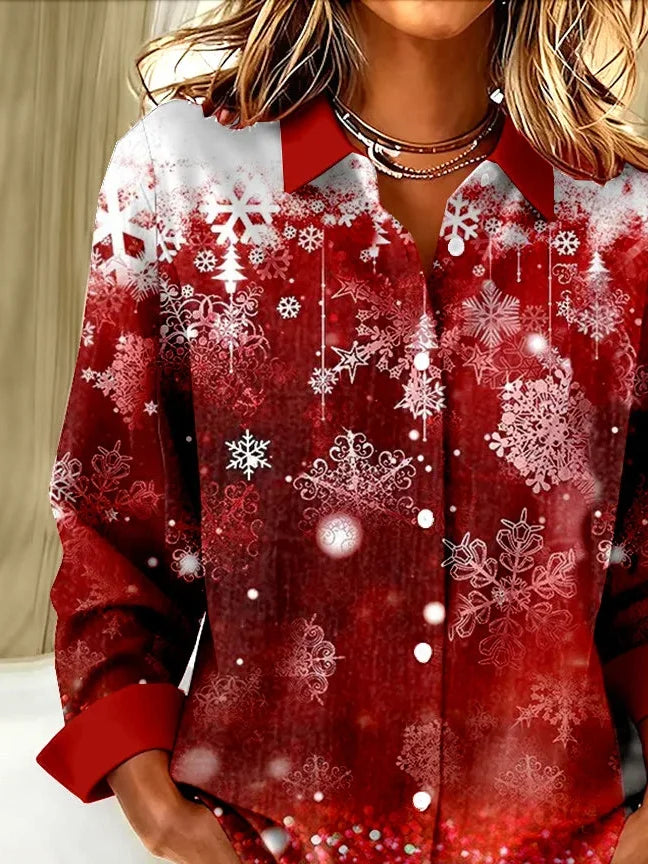 Women's Long Sleeve Shirt Spring/Fall Red Christmas Buckle Shirt Collar Regular Sleeve Daily Going Out Casual Top