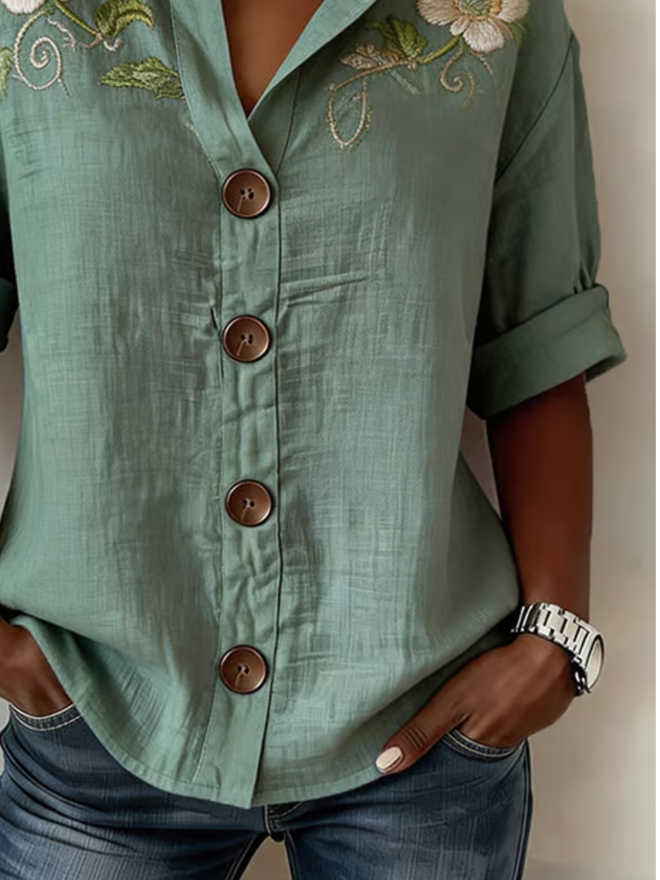 Casual Stand Collar Loose Floral Shirt
