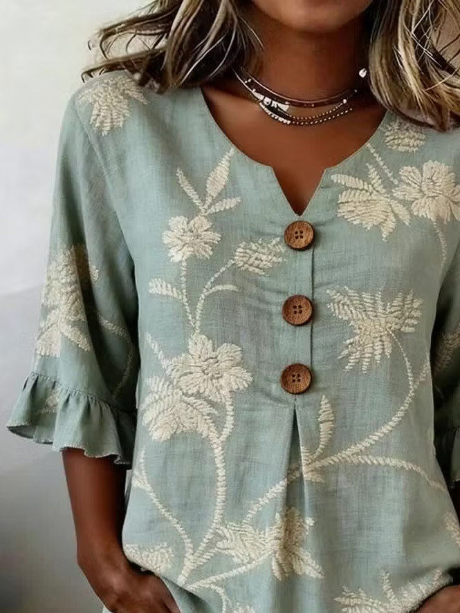 Women's Half Sleeve Blouse Summer Green Floral Printing V Neck Daily Going Out Vintage Top