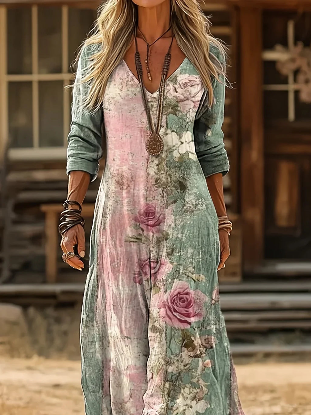 Women's Long Sleeve Spring/Fall Green Floral Printing V Neck Daily Going Out Vintage Maxi H-Line Dress