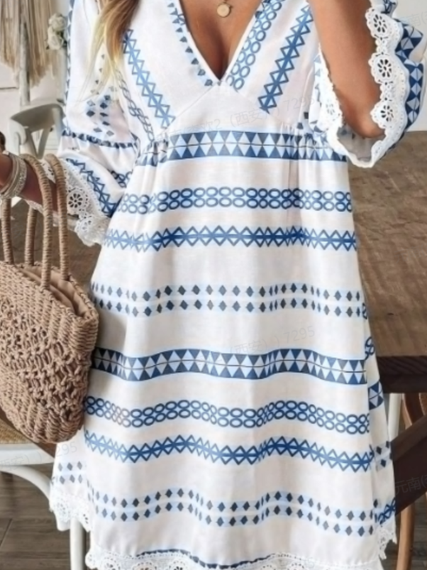 Cotton-Blend Striped Boho Loose Dress With No