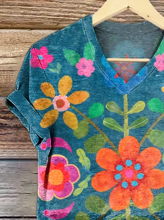 Women's Floral Print V-Neck Short Sleeve T-Shirt