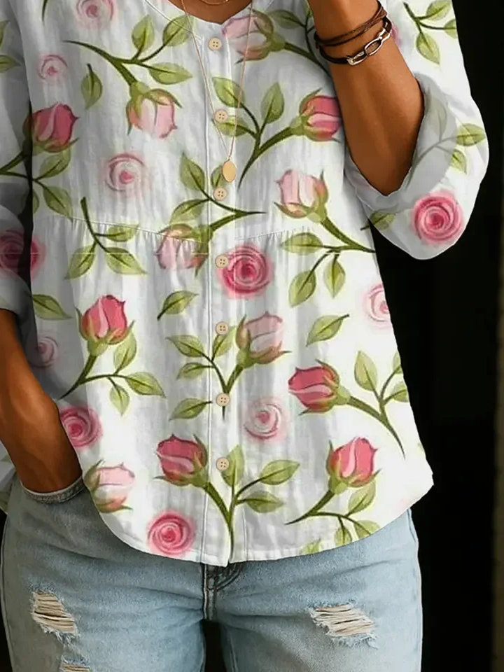Women's Long Sleeve Blouse Spring/Fall White Floral Printing V Neck Daily Going Out Casual Top