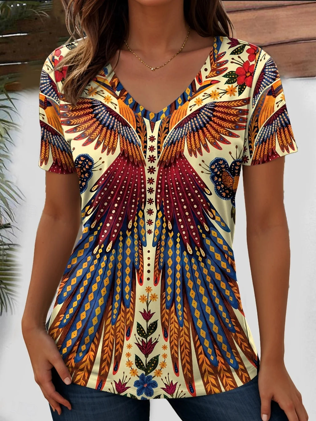 V Neck Loose Ethnic Ethnic T-Shirt