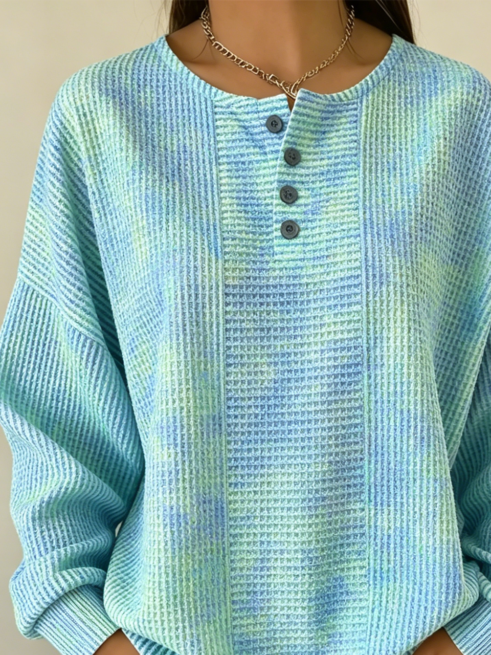 Women's Lightweight Tie-Dye Print Henley Long Sleeve Sweatshirt