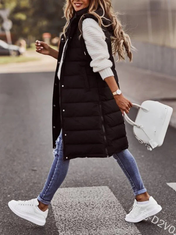 Zipper Plain Elegant Cotton Coat Solid Color Hooded Single-breasted Mid-length Cotton Vest Slim Fit Temperament Cardigan Jacket Top