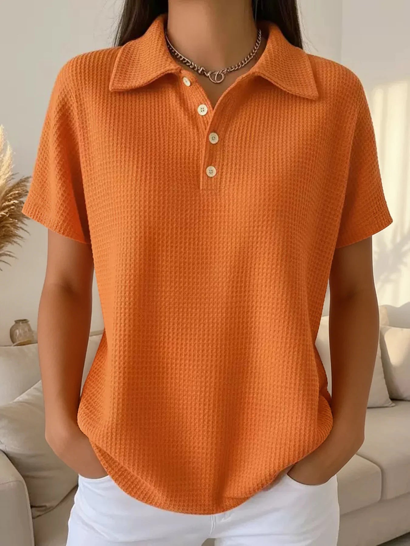 Solid Waffle Polo Loose Fit T-Shirt