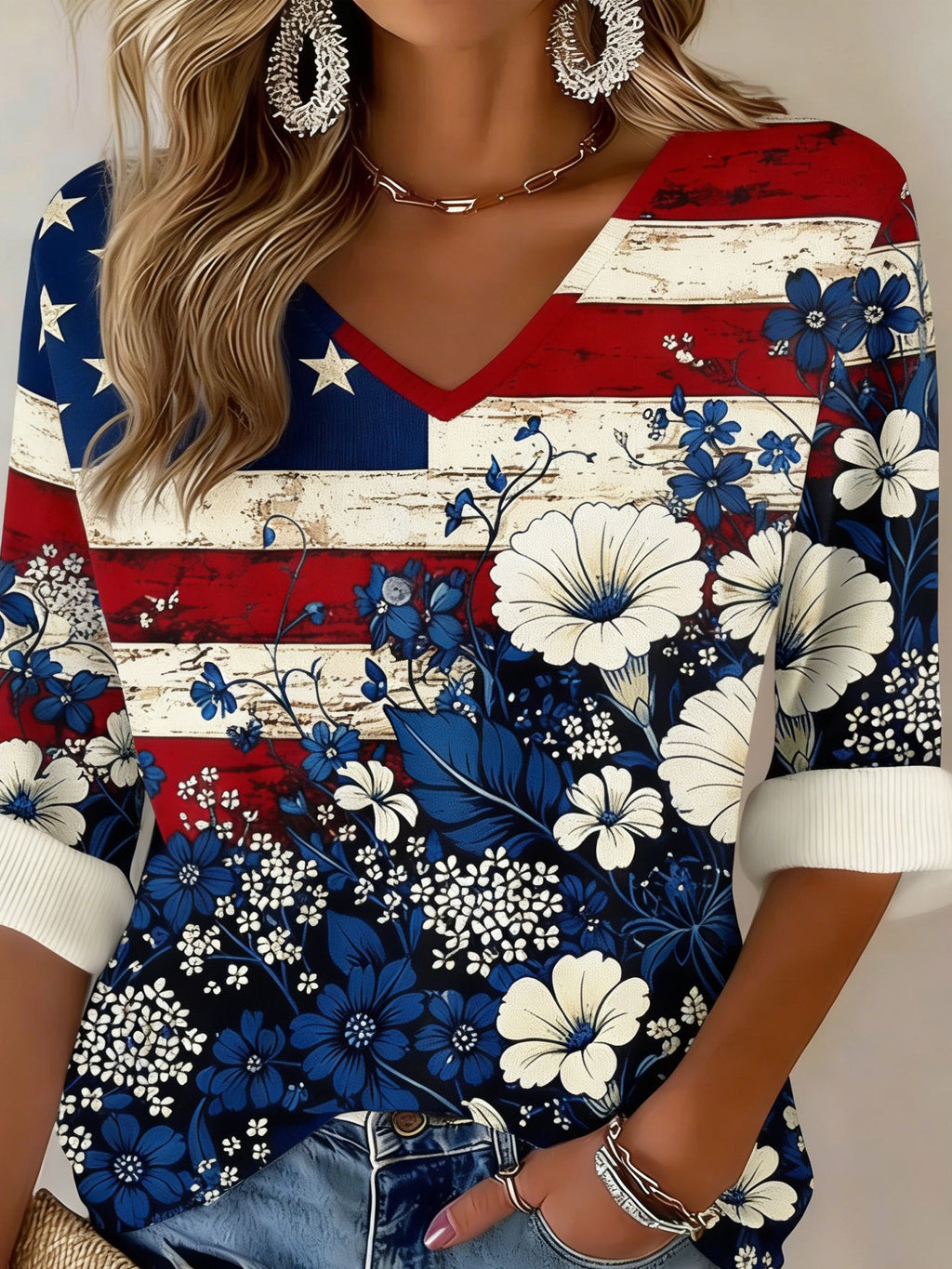 3D Printing V Neck America Flag Floral 250th Anniversary Spring Summer Casual T-Shirt