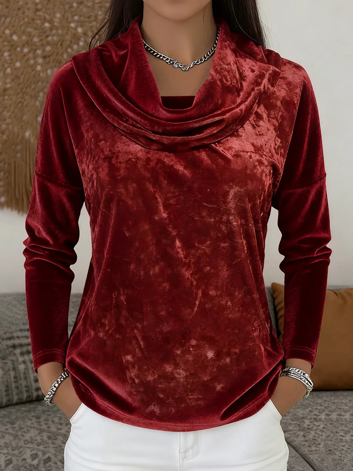 Cowl Neck Casual Loose Pleuche T-Shirt
