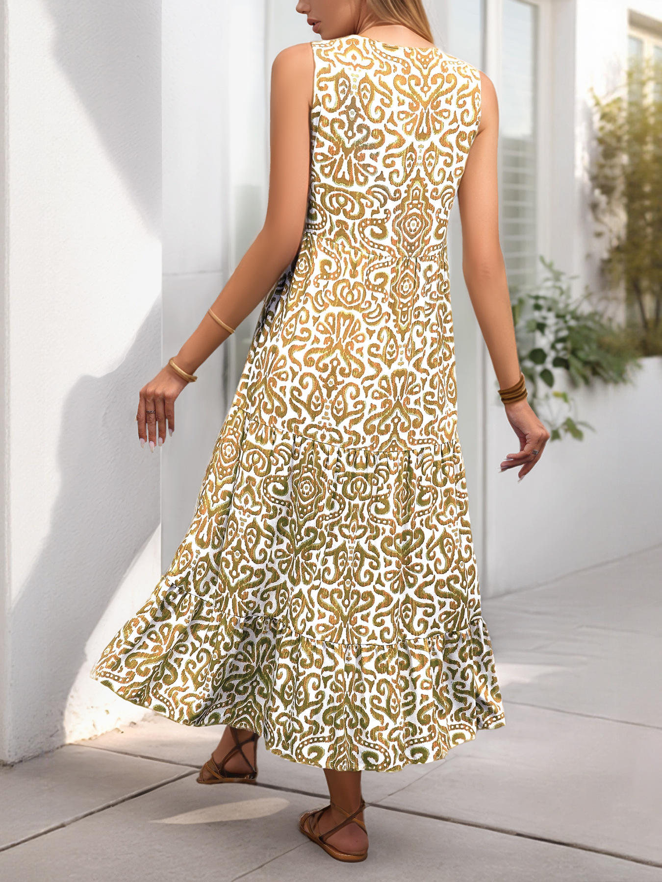 Elegant Ethnic Geometry V Neck Sleeveless Summer Vacation Going Out Elegant Maxi Dress
