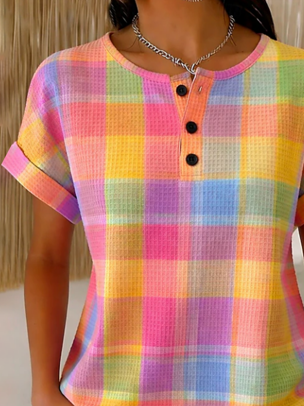 Women's Short Sleeve T-shirt Summer As Picture Plaid Printing Crew Neck Daily Going Out Vintage Top