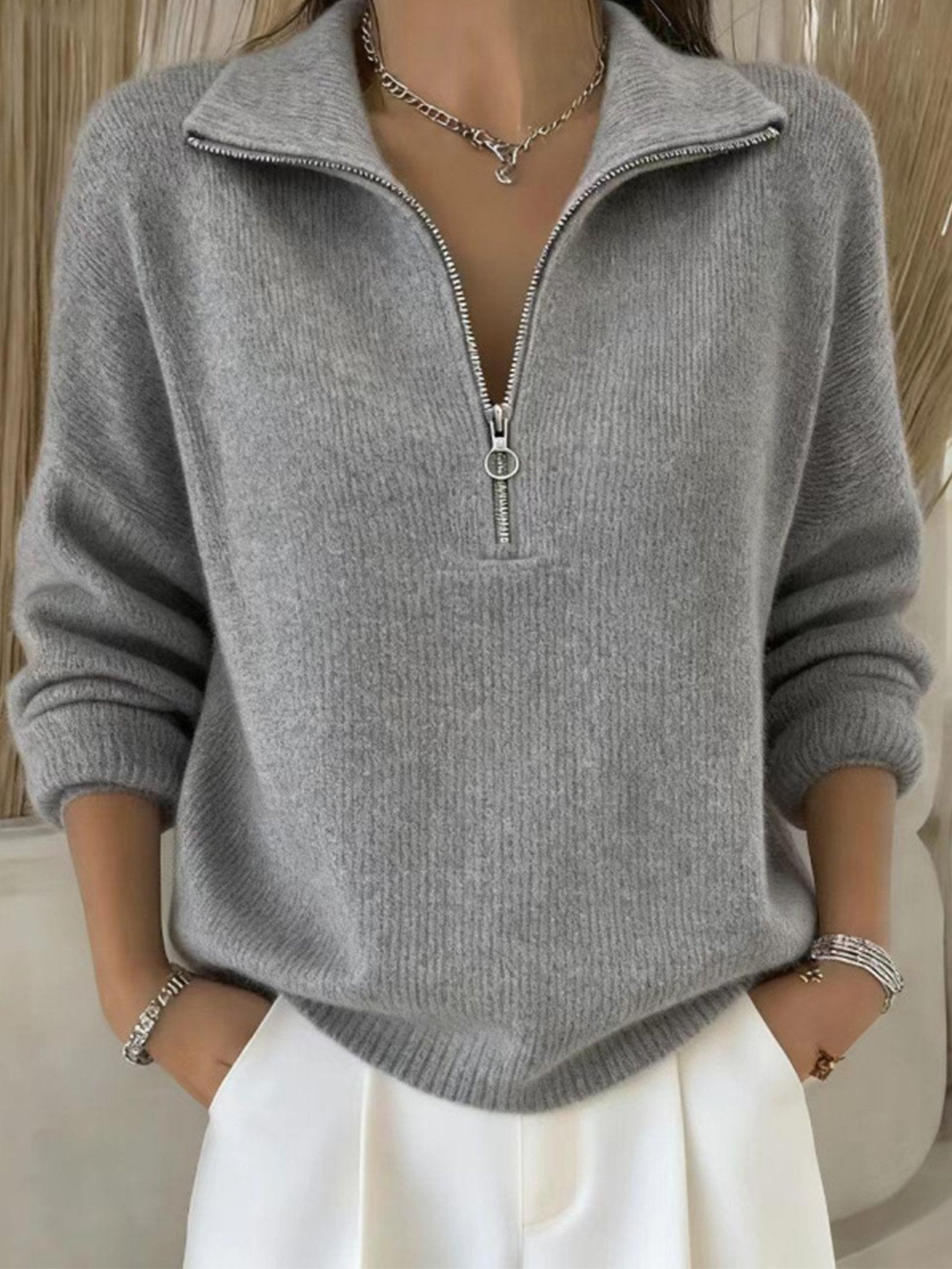 Women's Plain Elegant Yarn/Wool Shawl Collar Zipper Sweater