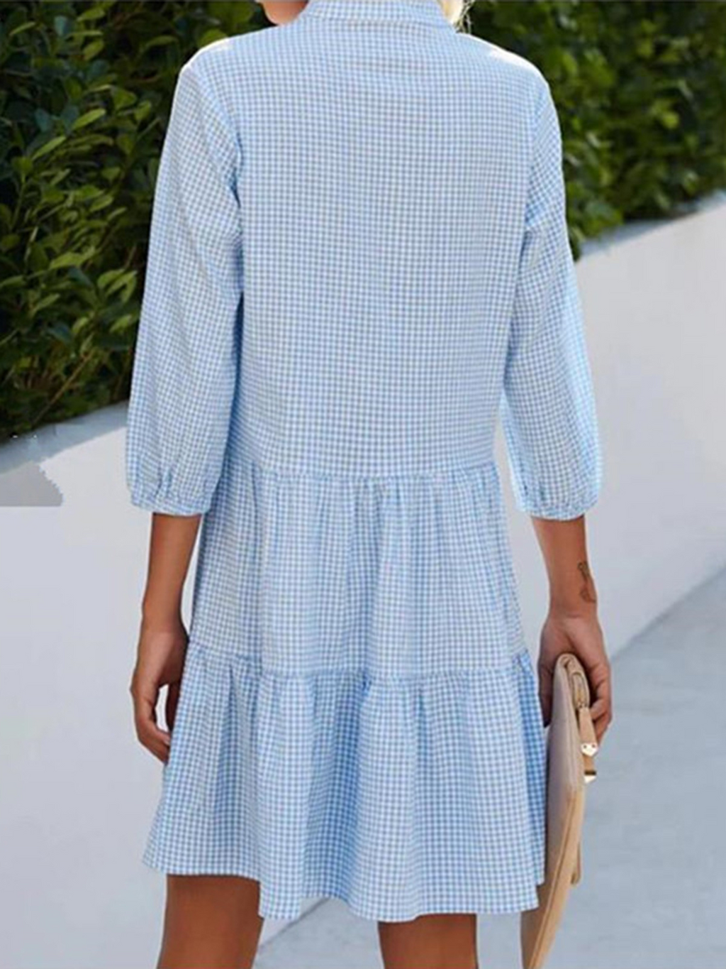 Plaid Mandarin Collar Shirt Dress with Half Sleeves