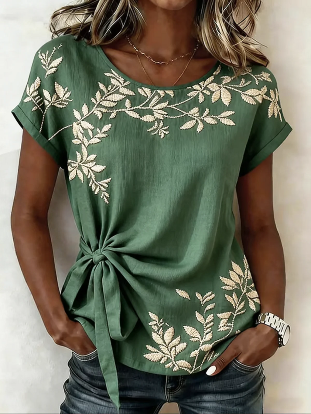 Elegant Botanical Pattern Crew Neck Loose Shirt