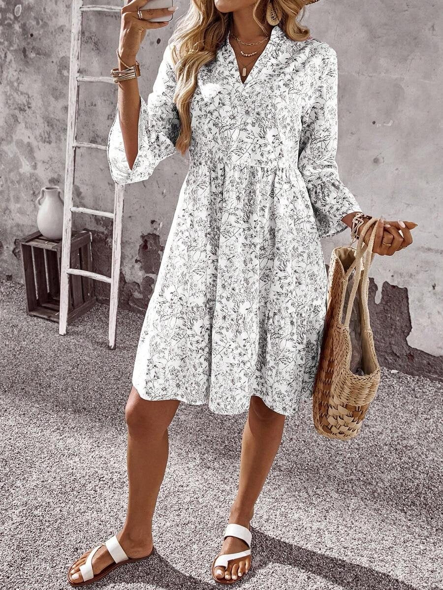Elegant Floral V Neck 3/4 Sleeve Ruffle Tiered Mini Dress Casual Summer Flowy dress