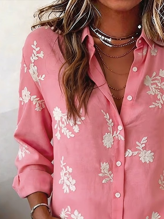 Women's Long Sleeve Shirt Spring/Fall Pink Floral Buckle Shirt Collar Regular Sleeve Daily Going Out Casual Top