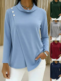 Women's Long Sleeve T-shirt Spring/Fall Blue Plain Buckle Mock Neck Daily Going Out Casual Top