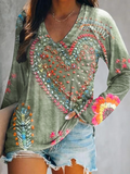 Women's Long Sleeve Blouse Spring/Fall Green Floral Printing Cotton V Neck Daily Going Out Casual Top