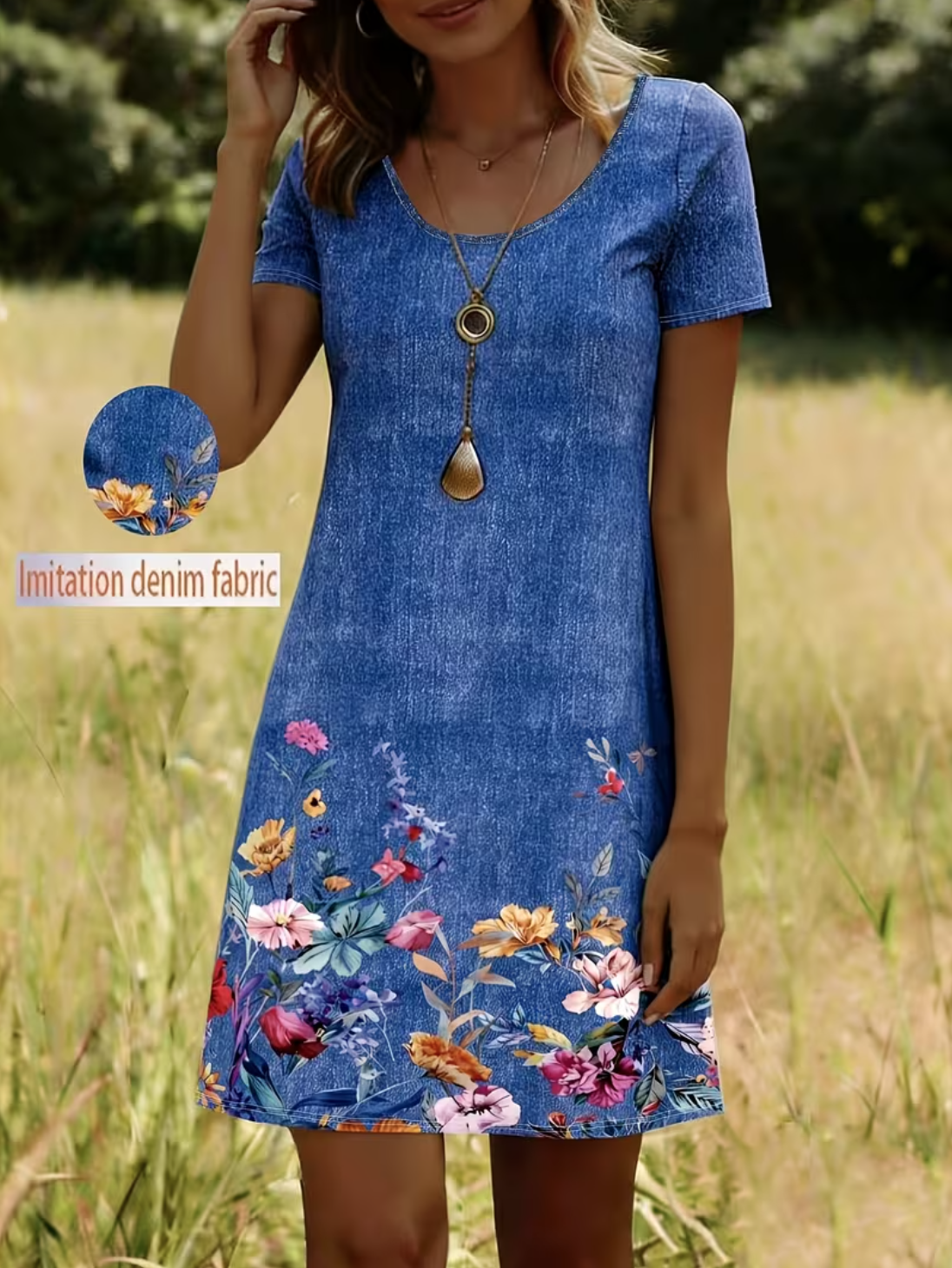 Faux Denim Print Graphic Jersey Casual Crew Neck Dress With No