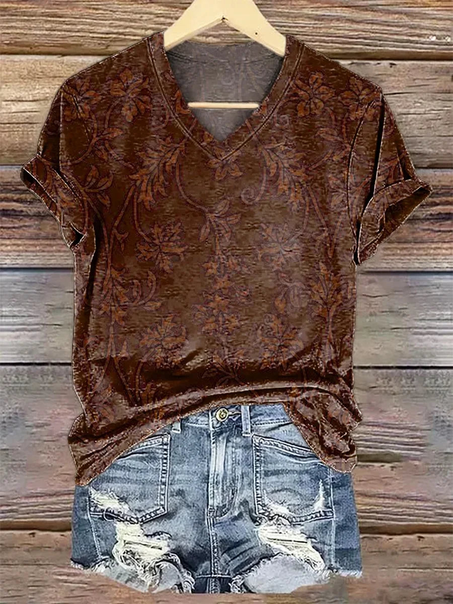 Women's Short Sleeve T-shirt Summer Brown Floral Printing V Neck Daily Going Out Casual Top