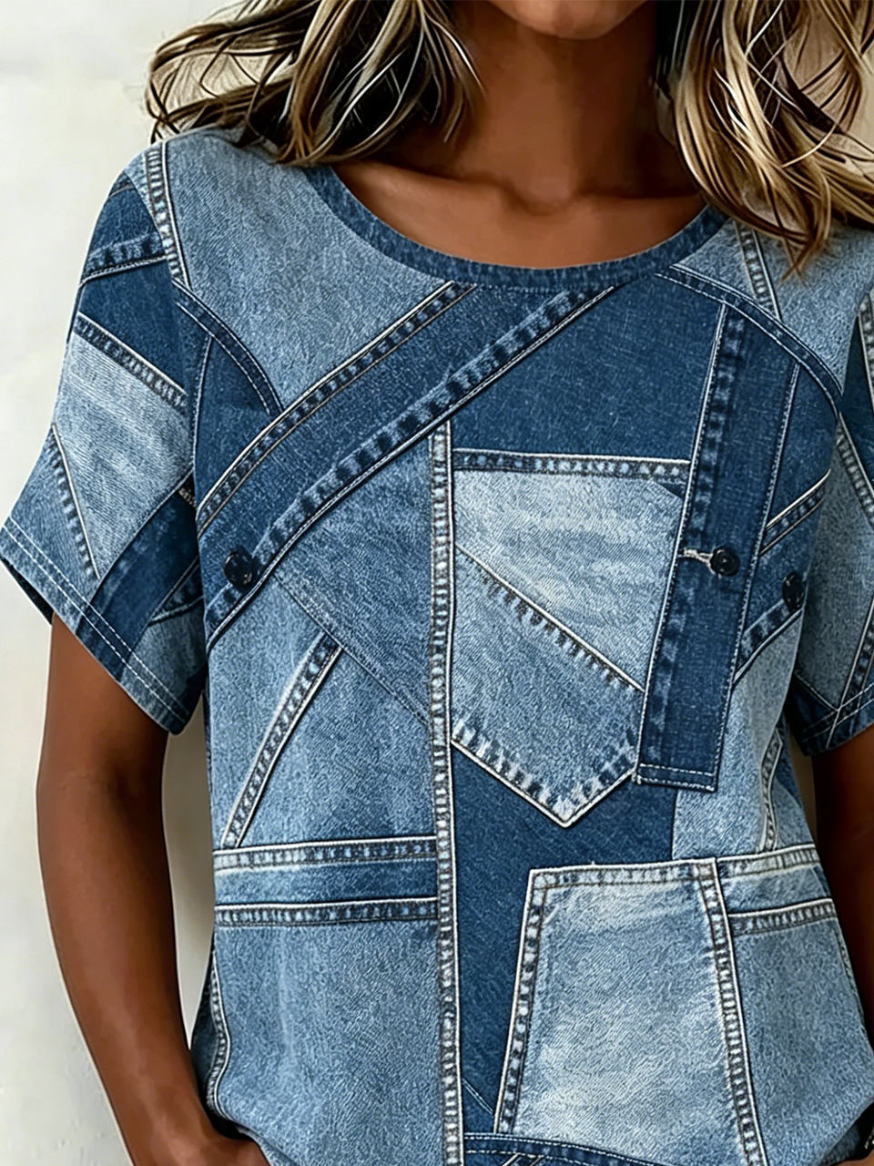 Loose Vintage Crew Neck Faux Denim Print Graphic T-Shirt