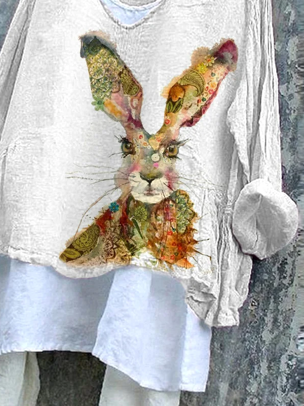 Women's Long Sleeve Blouse Spring/Fall White Easter (rabbit) Printing V Neck Daily Going Out Casual Top