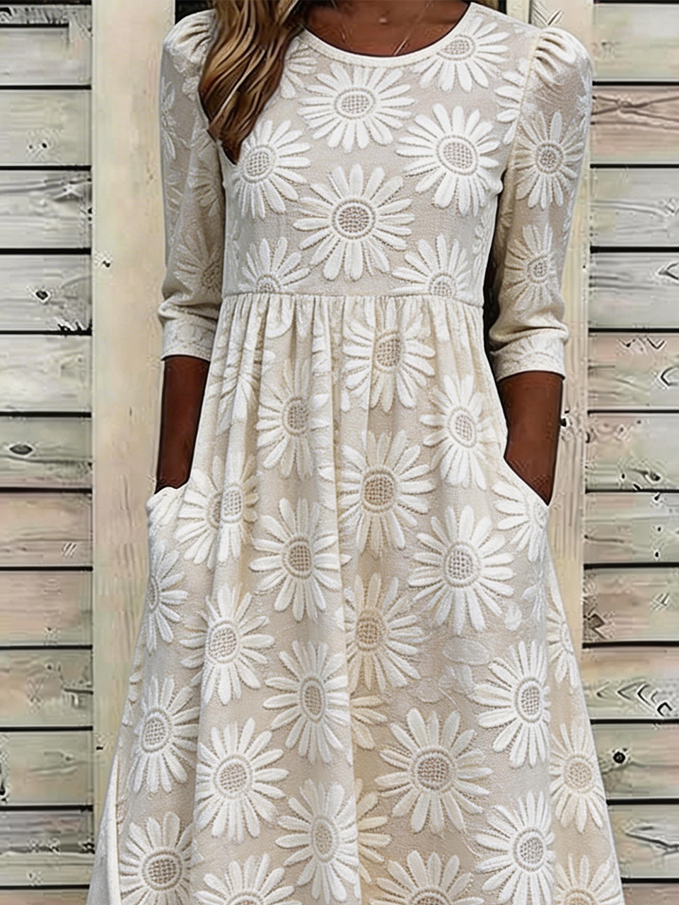 Crew Neck Vintage Floral Loose Dress With No