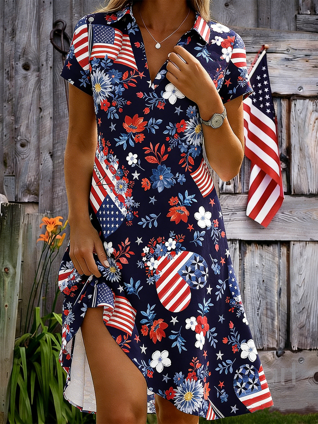 Elegant Independence Day Loose Shawl Collar Shirt Dress With No