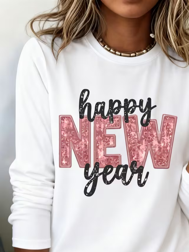 Women's Happy New Year Print Crew Neck Long Sleeve T-Shirt