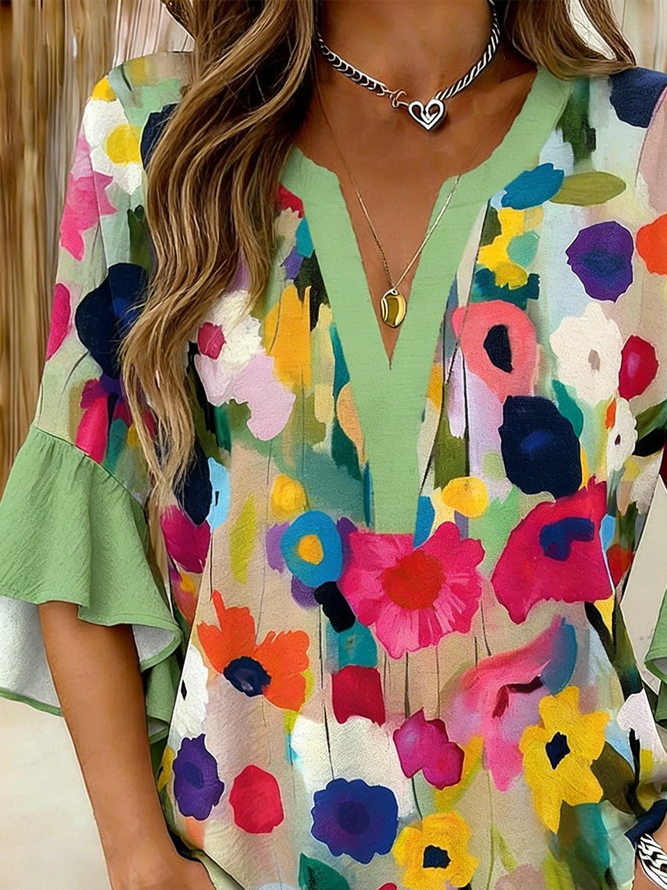 Vintage V Neck Botanical Pattern Loose Shirt
