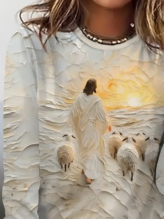 Women's Long Sleeve T-shirt Spring/Fall Apricot Jesus Printing Jersey Crew Neck Daily Going Out Casual Top