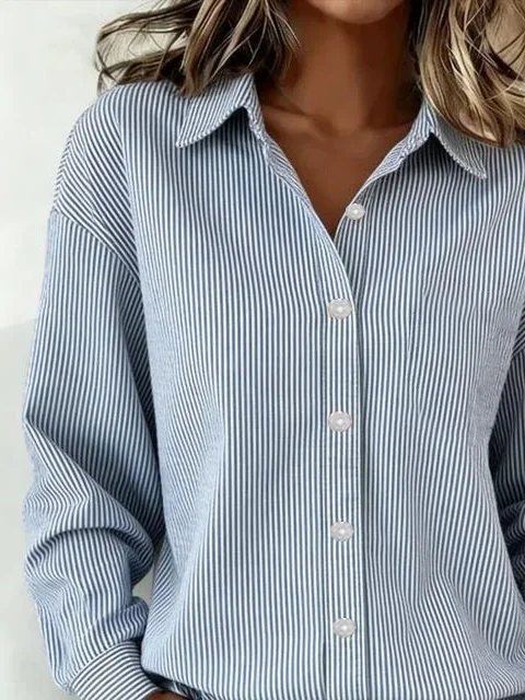 Women's Long Sleeve Shirt Spring/Fall Blue Striped Buckle Shirt Collar Daily Going Out Casual Top