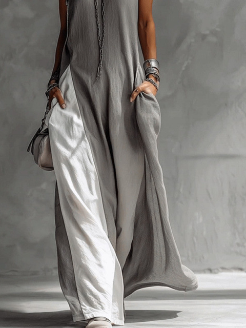 Casual Color Block Crew Neck Maxi Dress
