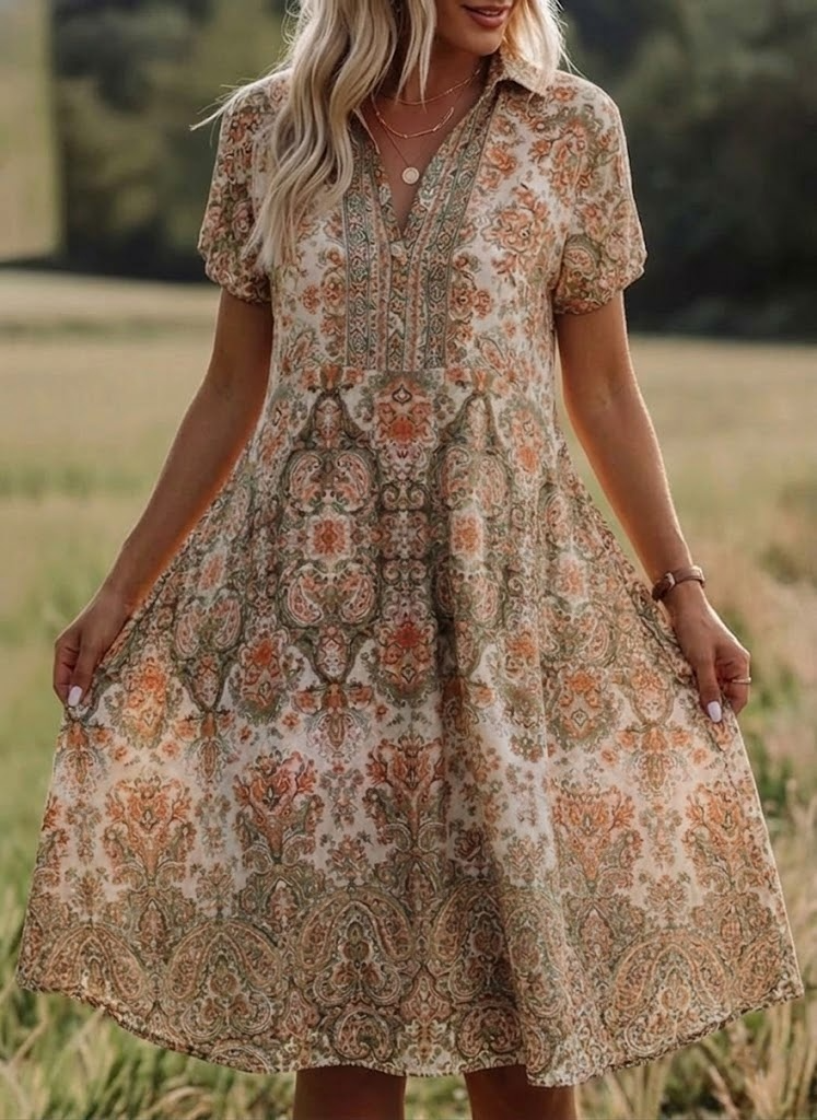 Boho Paisley V-Neck Vacation Midi Dress