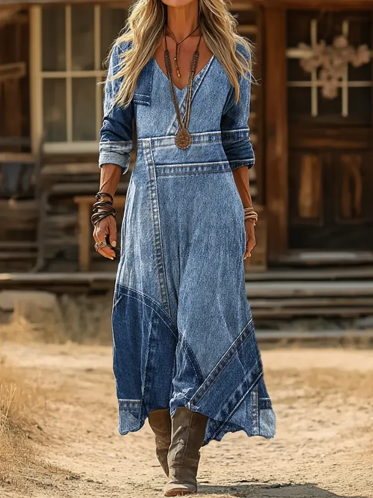 Women’s Blue Faux Denim Print V-Neck Long Sleeve Vintage Maxi Dress
