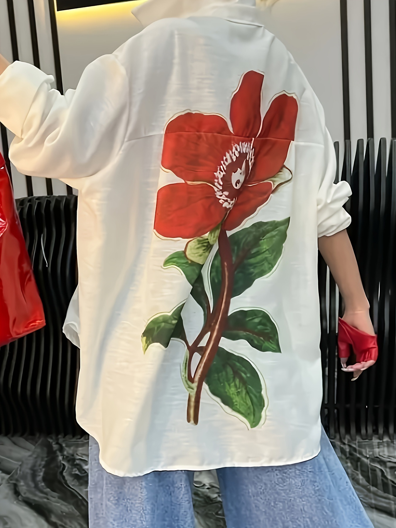Big Scale Flower Printing Urban Shawl Collar Loose 3D Printing Casual Shirt
